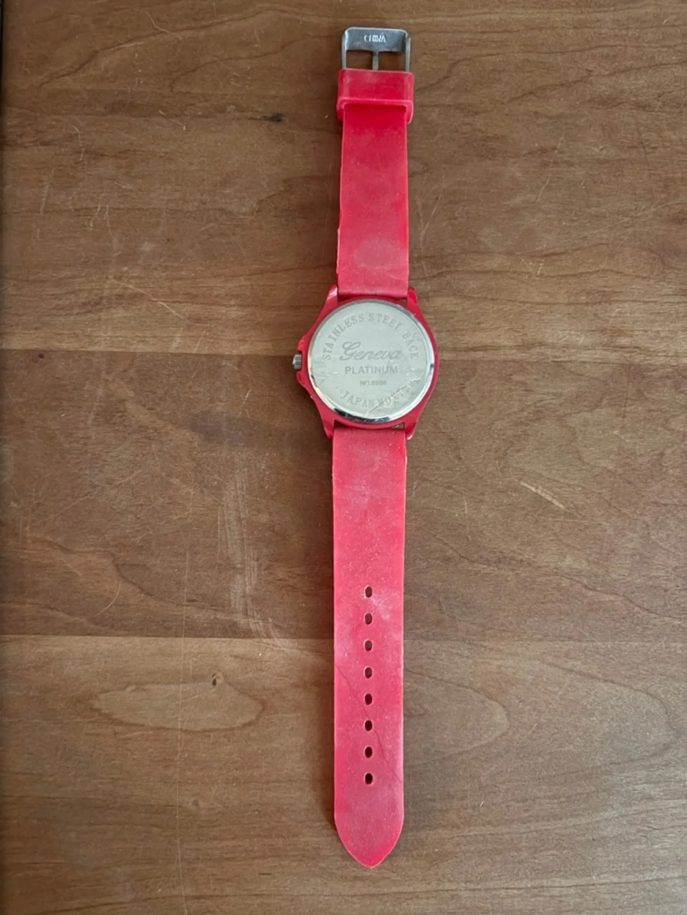 Geneva Platinum Red Dial Crystal Bezel Red Rubber Band Watch - needs Battery